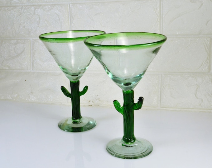 Cactus Stem Blown Glass Margarita Martini Stemmed Glasses Set Etsy