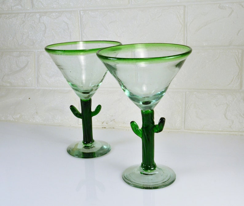 Cactus Stem Blown Glass Margarita Martini Stemmed Glasses Set Etsy