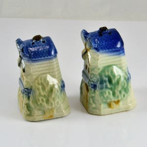 May include: A pair of ceramic salt and pepper shakers shaped like houses with blue roofs and green trees. The shakers are hand-painted and have a rustic charm.