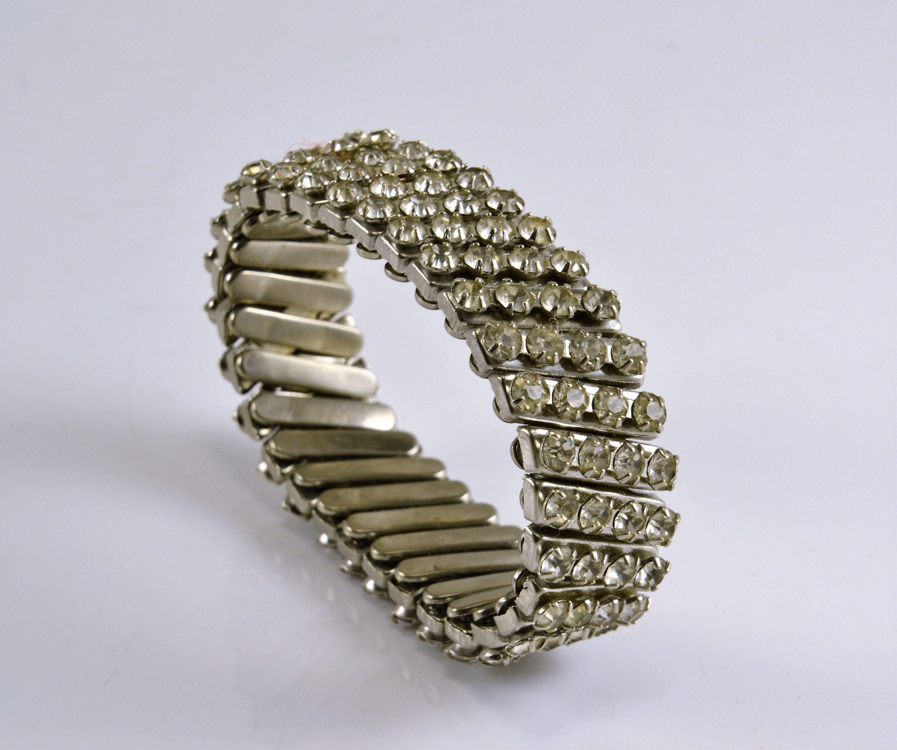 Rhinestone Stretch Bracelet Vintage Silver Tone Expansion Rhinestone Stretch Bracelet Vintage Silver Tone Expansion