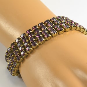 Purple Rhinestone Bracelet - Prong Set Amethyst Glass In Gold Tone - Vintage Hollywood Glamour
