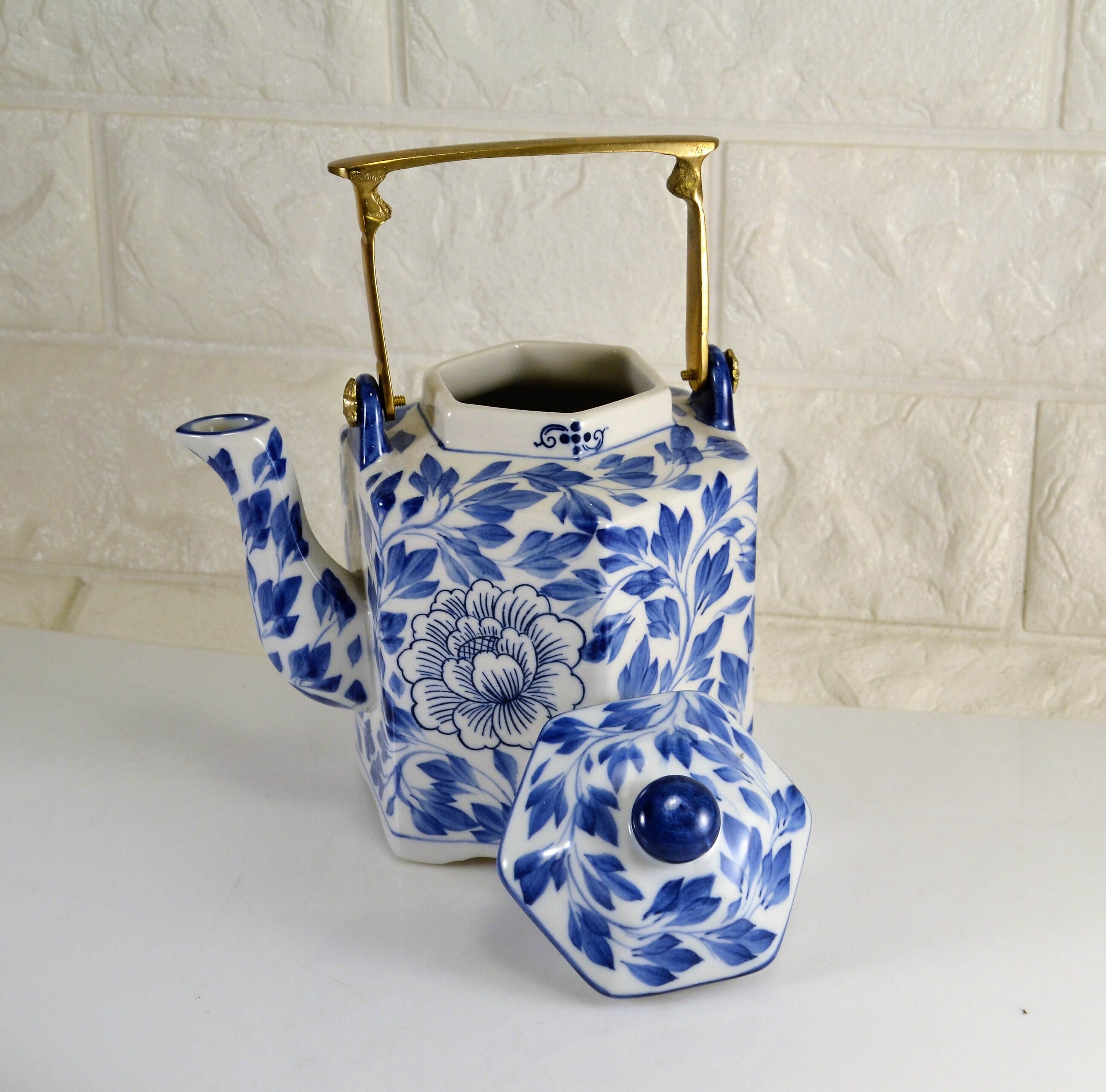 Teapot Blue White Chintz Brass Handle Oriental Hexagon Shape Etsy