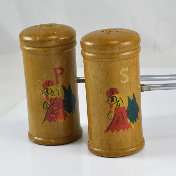 Barbecue Salt Pepper Shakers  Wood Rooster Motif  Long Handles Mid Century Kitsch Vintage Retro BBQ