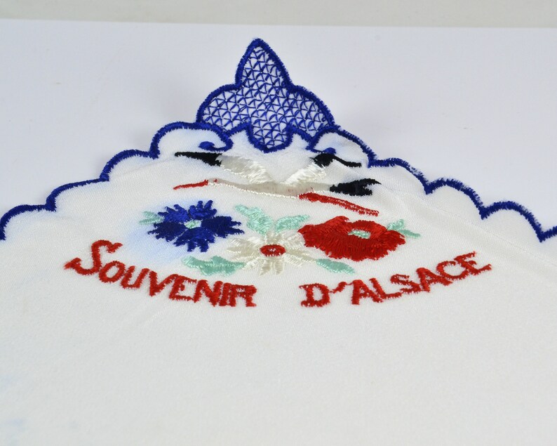 Blue Laced Tips Souvenir Handkerchief D/' Alsace France Silk Hand Embroidered Stork or Crane Flowers