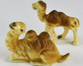 Camel Figurines - Porcelain 2 Hump Bactrian Camels - Baby & Resting Camel - Vintage
