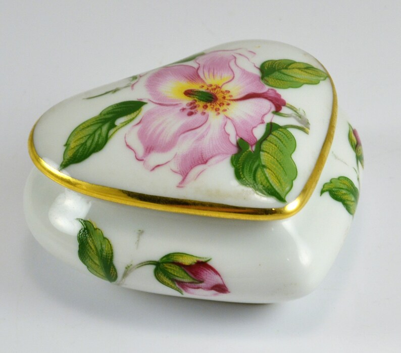 Gold Trim Heart Trinket Dish Rochard Limoges France Pink Floral Rose