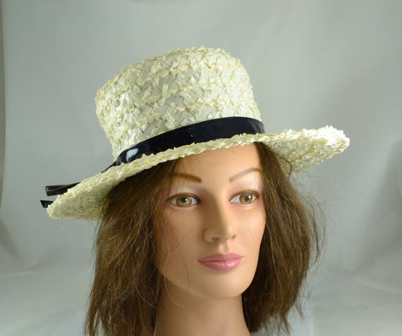 White Raffia Cello Hat - Straw Wide Brim Hat - Bl… - image 4