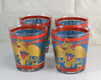 Old Fashion Barware  CERA Glass Set of 4  E Pluribus Unum Eagle Shield Red Blue Gold MCM Bar Patriotic 7 Ounces July 4th Party