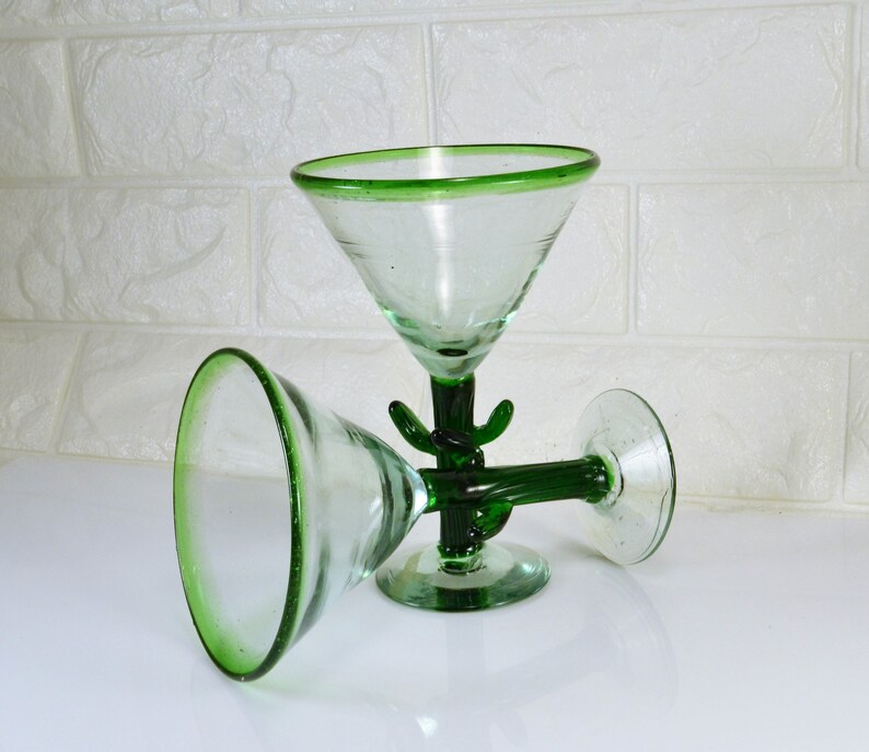 Cactus Stem Blown Glass Margarita Martini Stemmed Glasses Set Etsy