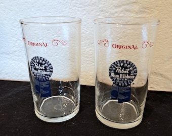 2 Pabst Blue Ribbon Tavern Chaser Bar Glasses 7 Ounce Shortys Vintage Barware