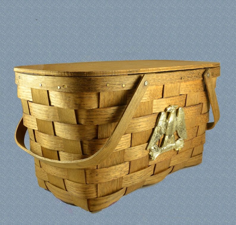 Eagle Picnic Basket Splint Wood Basketville Hinged Lid Etsy