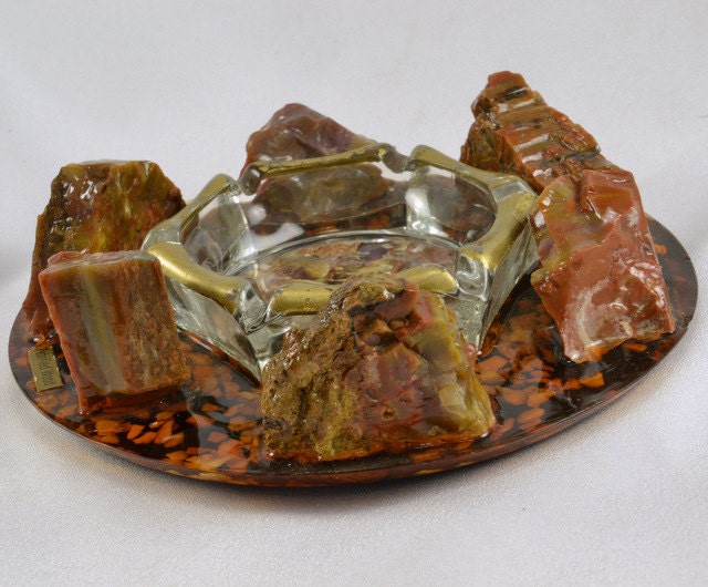 Petrified Wood Ashtray - Native American Photo Under Glass