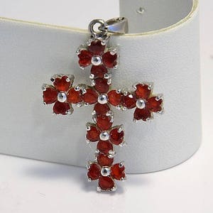 Red Rhinestone Cross Pendant - Ruby Red Crystal Pommee Cross - Vintage Silver Tone