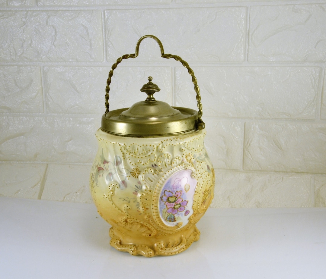 English Biscuit Jar W. Wood & Co. Floral Paisley Registration Dating to