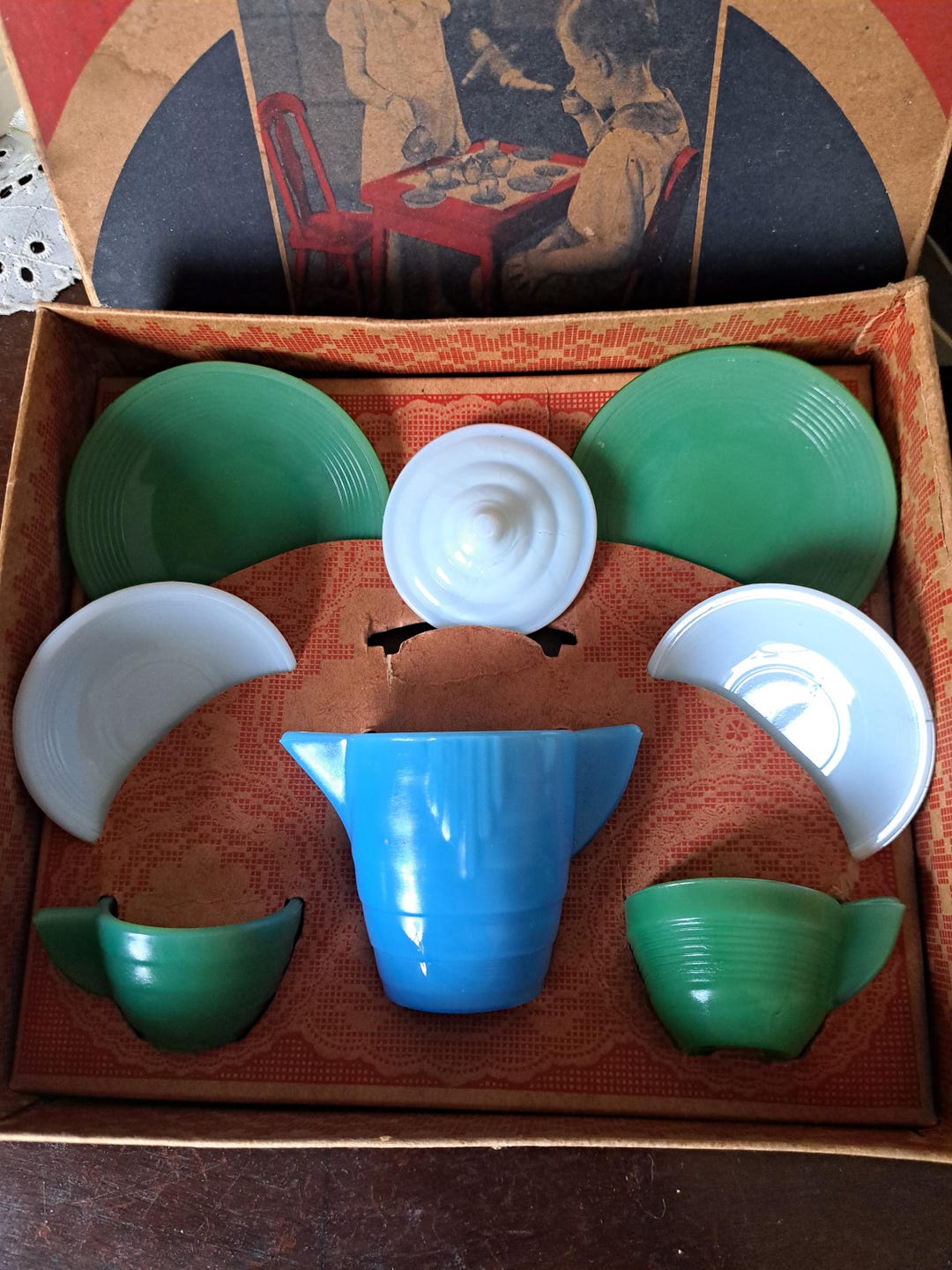 Akro Agate Play Time Glass Dish Set W/ Original Box Child Dishes No ...