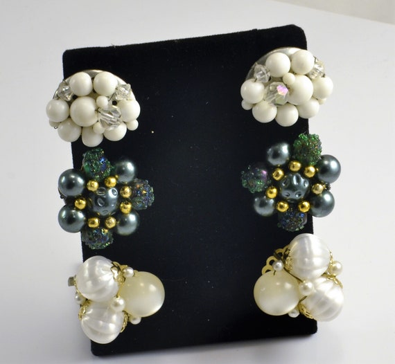 Beaded Earrings  3 Vintage Pair Clip On Japan - M… - image 5