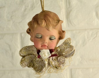 Cherub Ornament Bisque Porcelain Lace Fabric Rose Collar Christmas Tree Decorating Vintage Victorian Holiday