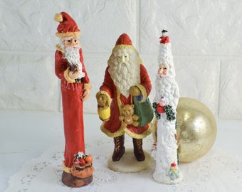 3 Resin Santa Claus Figurines Christmas Decorating Snowmen Teddy Bear Pipe Old World Vintage