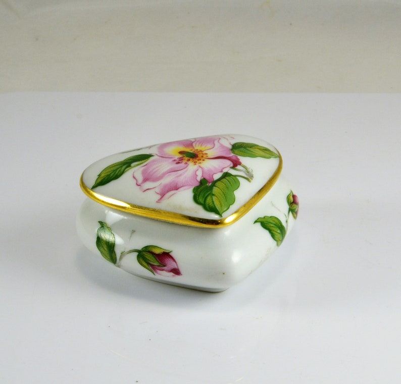 Gold Trim Heart Trinket Dish Rochard Limoges France Pink Floral Rose