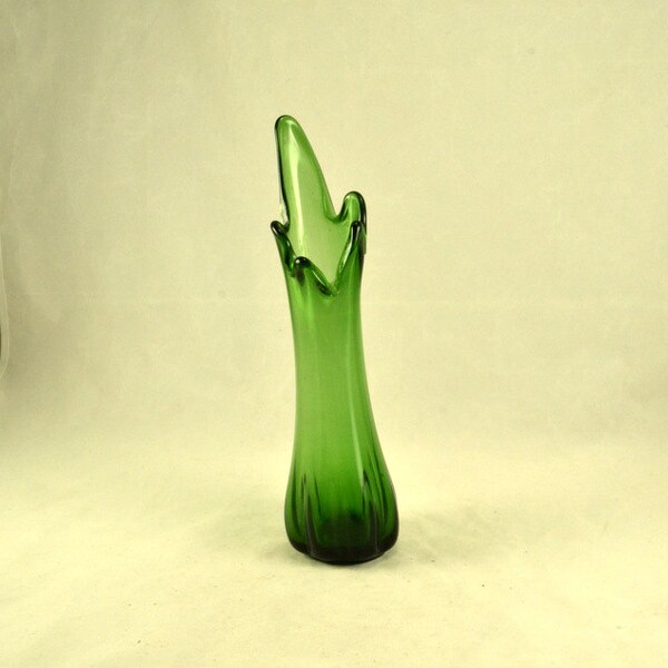 Green Glass Vase Swung or Stretch Mid Century Art Glass Mod Style Flower Vase