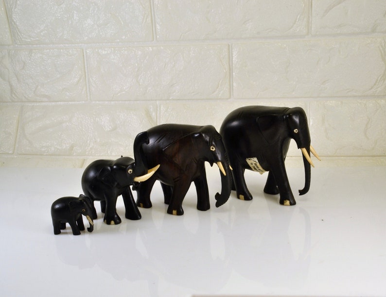 Elephant Family Figurines 4 Hand Carved Ebony Wood Figures shops Bull Cow & 2 Calves Made in Tanganyika Africa Tanzania White Toenails Tusks