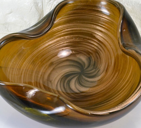Murano Glass Bowl ALFREDO BARBINI Gold Swirl Aventurine Deep