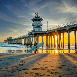 Huntington Beach Pier Surfer Sunset Photography Cloudy Sky Sand Beachscape Landscape Photography