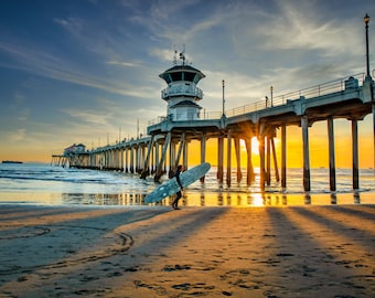 Huntington Beach Pier Surfer Sunset Photography Cloudy Sky Sand Beachscape Landscape Photography