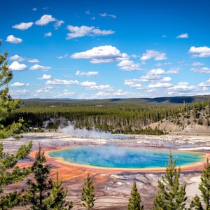 Colorful Grand Prismatic Spring in Yellowstone National Park Landscape Cloudy Sky Wyoming