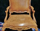 Antique Chair, French Leather Chair, Louis XV Style Chair, Carved Wood Chair, Vintage Leather Chair