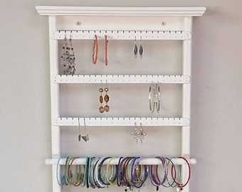 White Jewelry Organizer, Wall Mount Jewelry Organizer, Earring Holder, Jewelry Holder, Jewelry Display, Earring Storage, Necklace Storage