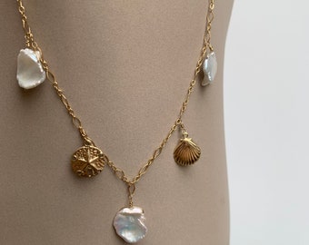 Gold Sea Shells Necklace with Pearls