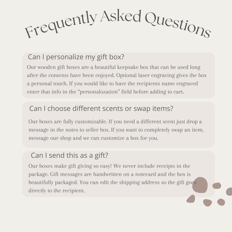 May include: A light beige graphic with the text "Frequently Asked Questions" in a script font. Below, three questions address gift box customization, scent options, and gift sending. The background is a soft beige with brown decorative shapes.