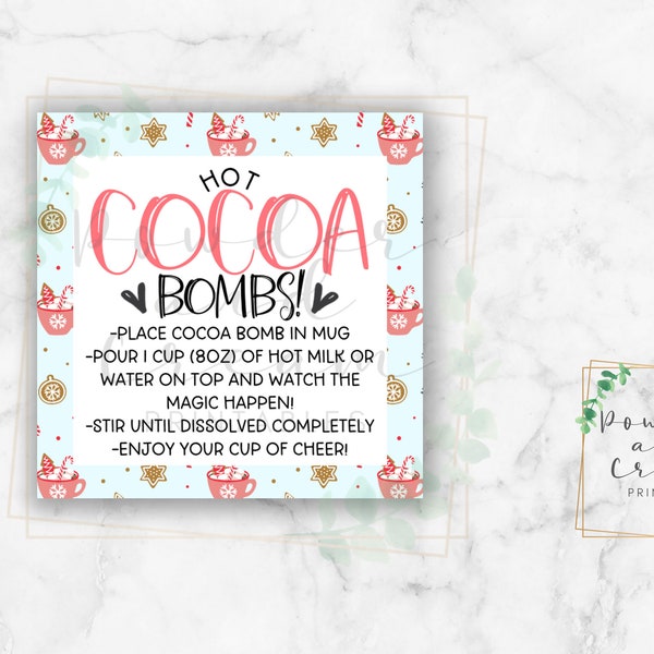 Printable Digital 2" Christmas Xmas Hot Chocolate Cocoa Bomb Instructions - 2" Square Tag- Cookie Printable Winter Cookie Tag - Cookies