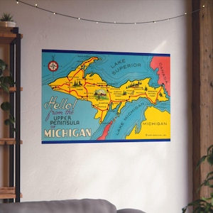 Penisola Superiore d'epoca: una mappa colorata delle avventure nel Michigan - Poster artistico