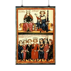 May include: A medieval manuscript illustration depicting a king and queen seated on thrones, with a group of people standing below them. The text in the image reads "Du 2 snegre Laneguine ma Non Vitringen. hue kurejer mir lange 15 valeh vo dvoplwerte 12 cunander Mee der rugenthaifre adnaber enn klingelos von cyngerlasse woltung von Chhubach ofterenge."