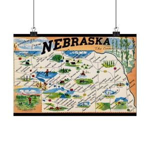 affiches horizontales mates vintage Nebraska : carte illustrée de l'État de Cornhusker, impression d'art, papier de qualité galerie, décoration souvenir