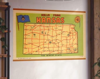 Vintage Kansas: The Wheat State Illustrated Postcard Map - Fine Art Poster
