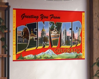 May include: A vintage postcard with a red background and the text "Greeting You From Denver, Colorado". The word "Denver" is made up of images of buildings and landmarks in the city.