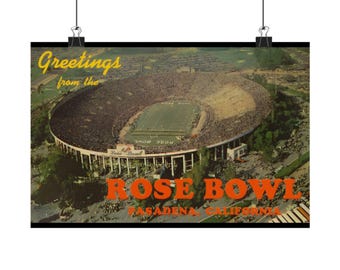 Póster horizontal mate con postal aérea del estadio Rose Bowl vintage / Bellas Artes de Pasadena, California