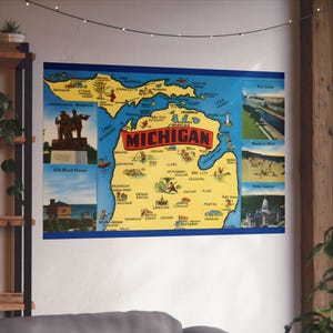 Póster de bellas artes de Michigan vintage: mapa de aventuras de los Grandes Lagos