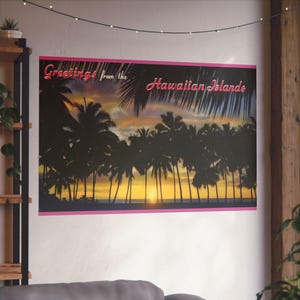 Tropical Paradise: Hawaiian Sunset Silhouettes Vintage Postcard - Fine Art Poster