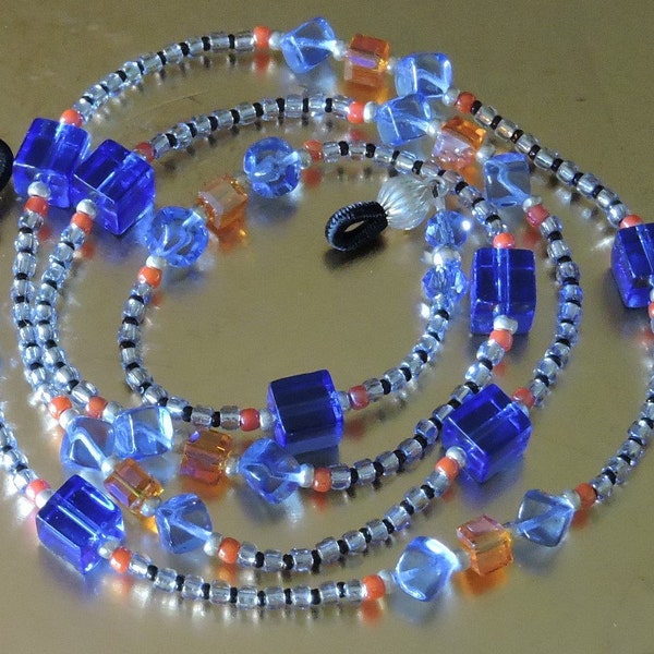 Blue Cubes and Orange Crystals - Beaded Eyeglasses chain, Glasses Holder, Lanyard,  30" long