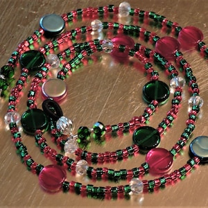 Christmas Red,  Green and crystal beads Glasses holder, Glasses Chain, 30&quot; long