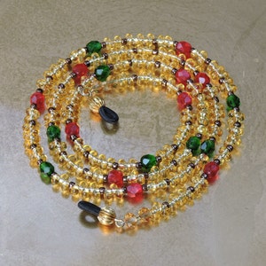 Beaded Goldtone Glasses chain, Glasses holder, with faceted Red n Green crystal rondelle accent beads, optional lengths