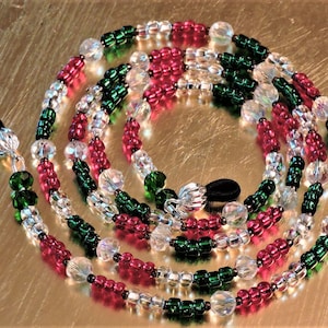 Christmas Crystal Beaded Glasses Chain: Red, Green, Gold, 30&quot;