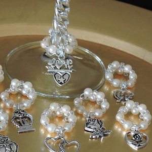 Wedding Pearls with Silver Wine Glass Charms - Choose your set! Other pearl colors available!