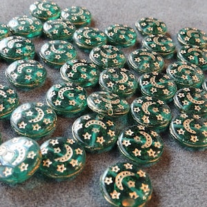 Czech Glass 13mm coin Beads with Gold Stars and Moon