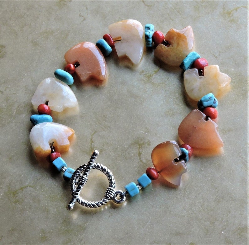 Caramel Quartz Bears Native American Fetish Stones Bracelet 8 length