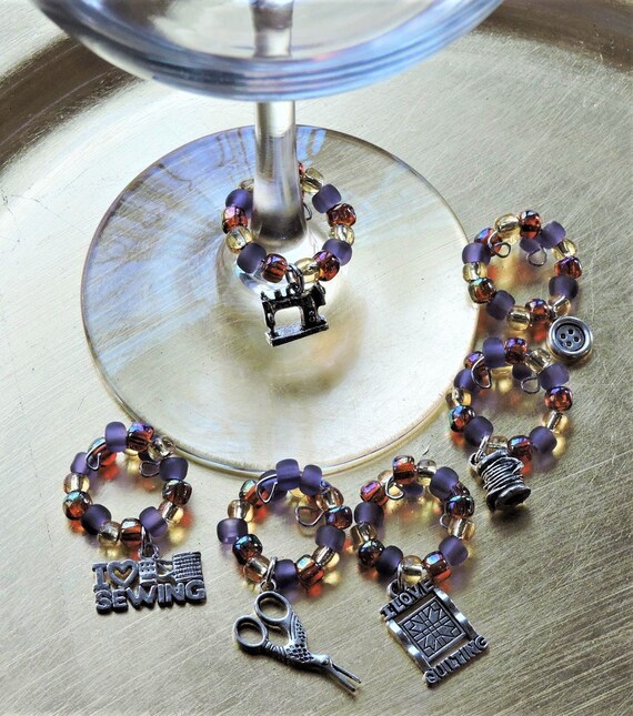 Sewing and Knitting Theme Wine Glass Rings and Charms Your Set